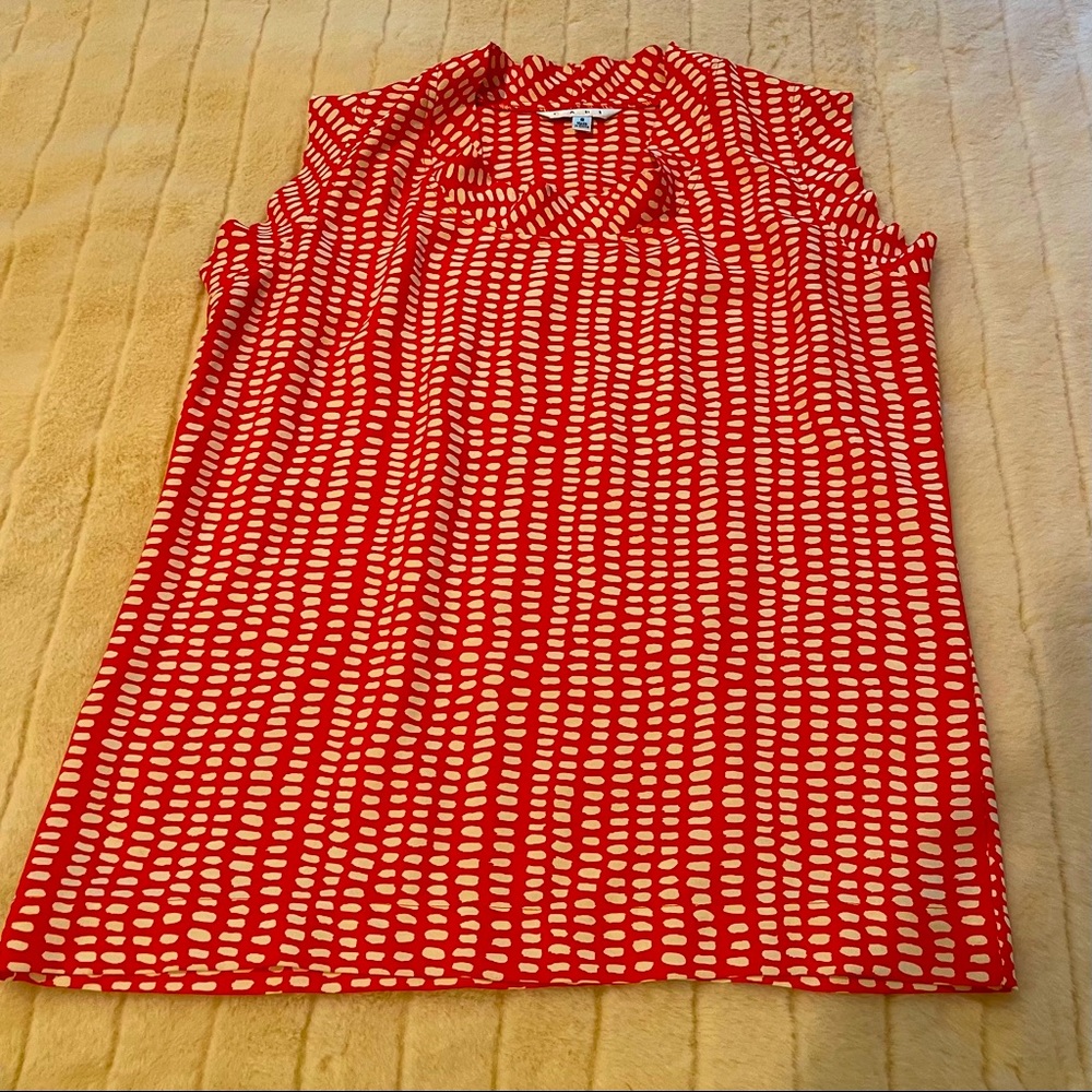 Cabi #294 Madeline blouse, cowl neck, cap flutter sleeves, orange w/white dots